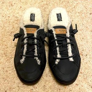 Brand New Sperry slippers! Never been worn black leather slip on slippers.
